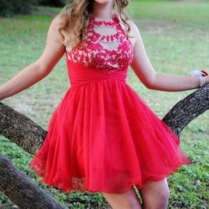 Red short homecoming dress keyhole back lace